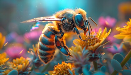 Bee and flower. Close up of a large striped bee collects honey on a yellow flower on a Sunny bright day. Macro horizontal photography. - obrazy, fototapety, plakaty