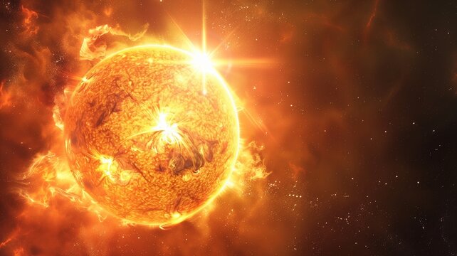Bright Sun against dark starry sky in Solar System.