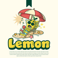cartoon lemon mascot relaxing on the beach
