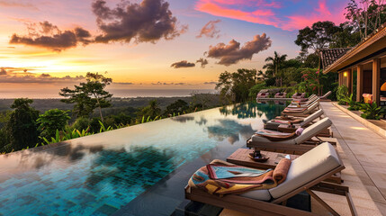 A breathtaking view of a luxury pool villa at sunset, with the pool's surface mirroring the vibrant colors of the sky. Elegant sunbeds, each featuring a unique beach towel, line the pool,  - Powered by Adobe
