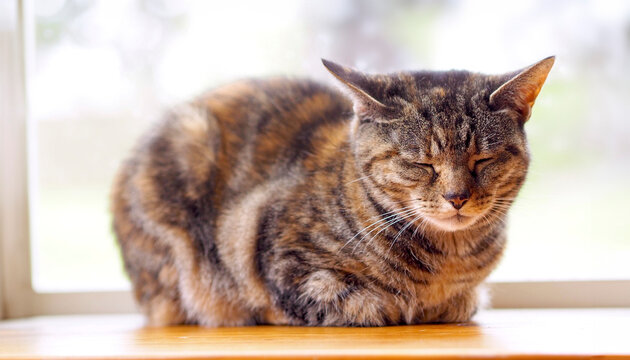 cute tabby catloaf sitting by the window, 16:9 widescreen wallpaper / backdrop image with text space