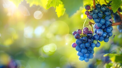 Beautiful natural background border with fresh juicy foliage of wild grapes and defocused bokeh...