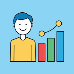 Illustration of a man front of graph with happy facial expressions.