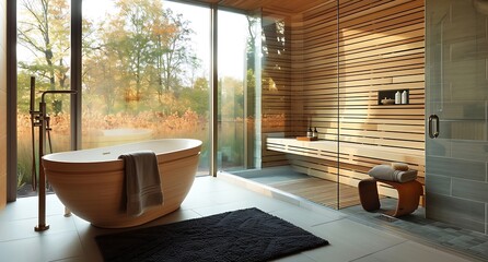 Modern home spa with wooden glass wall steam room for relaxation. Interior design of modern sauna in house.