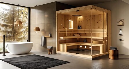 Modern home spa with wooden glass wall steam room for relaxation. Interior design of modern sauna in house.