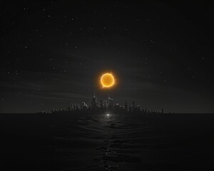 Enigmatic Solar Eclipse Casting a Golden Halo Over a Nocturnal Ocean and Silhouetted Cityscape