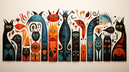 A wall painting of various cartoon animal illustrations arranged side by side on an isolated light beige background