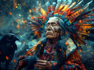 Fototapeten An old Indian shaman looking for deep insights. The totem animal black raven helps as a guide in the journey of the soul   © FRED BARTON