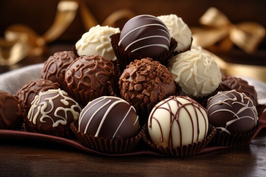 A close-up of a delectable chocolate truffle assortment in promoting artisanal chocolates or sweet indulgences, 