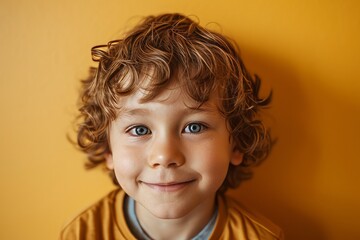 Portrait of a cute little boy with curly hair on a yellow background