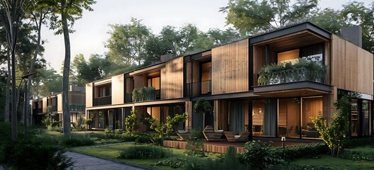 Evening view of the beautiful houses of modern wooden townhouses architecture facades surrounded by greenery environment creating eco-friendly sustainable living
