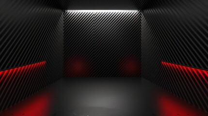 Studio interior with carbon fiber texture. Modern carbon fiber textured red black interior with light. - obrazy, fototapety, plakaty
