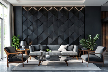 A high-definition image of a contemporary living room with a black geometric-patterned wall, serving as a sophisticated backdrop for mid-century modern furniture. 32k, full ultra hd, high resolution - obrazy, fototapety, plakaty