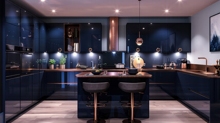 A luxe minimalist kitchen boasting high-gloss units in a deep navy shade, paired with a copper-toned island countertop and statement bar stools, - obrazy, fototapety, plakaty