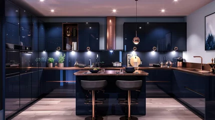 Fototapeten A luxe minimalist kitchen boasting high-gloss units in a deep navy shade, paired with a copper-toned island countertop and statement bar stools, © baseer