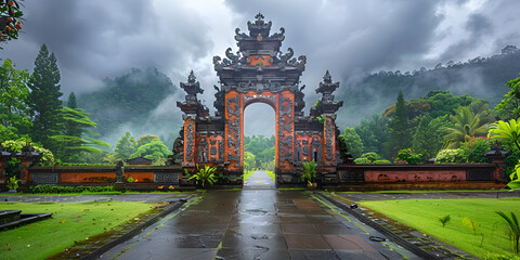 Traditional Balinese Hindu gate at rainy summer day with clouds - Candi Bentar, Bedugul in Bali, Indonesia. generative ai 