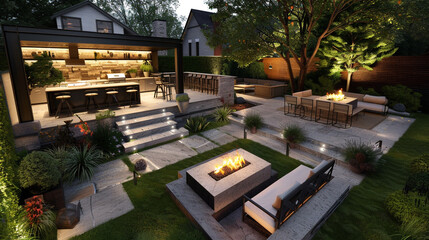 A luxurious backyard with a multi-tiered patio area, each level offering a different experience a?