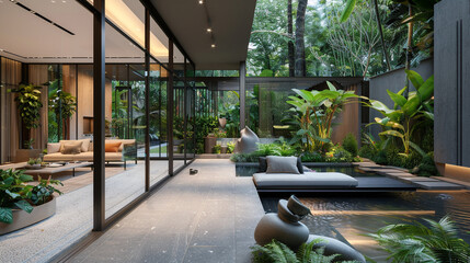 A luxurious courtyard within a modern setting, showcasing an array of sculptural plants, a sleek...
