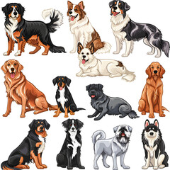 Clipart illustration featuring a various of dog on white background. Suitable for crafting and digital design projects.[A-0001]