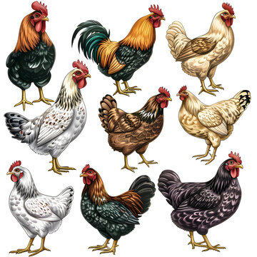 Clipart illustration featuring a various of chicken on white background. Suitable for crafting and digital design projects.[A-0002]