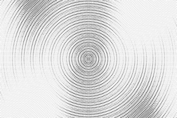 Radial halftone gradient background. Dotted concentric texture with fading effect. Black and white circle shade wallpaper. Grunge rough vector. Monochrome backdrop for various purpose.