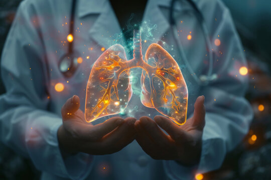 A lungs is cradled in the hands of a person in a white lab coat