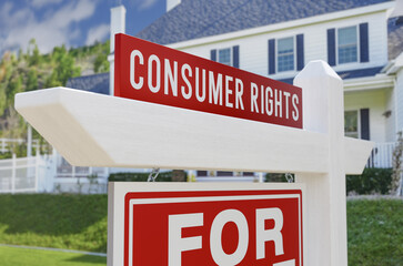 Consumer Rights For Sale Real Estate Sign In Front Of New House. - obrazy, fototapety, plakaty