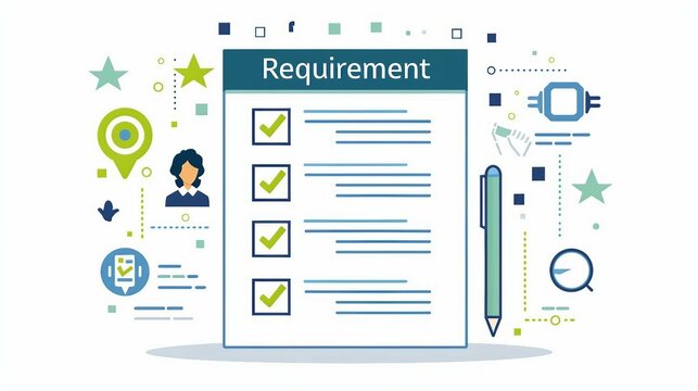 the text Requirement , checklist with checkboxes representing the concept of  skills, qualifications, and experience requirements.
