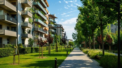 Modern residential buildings in a green area of the city. European apartment houses. Milan, Italy in the summer. And trees and grass in the walking area.