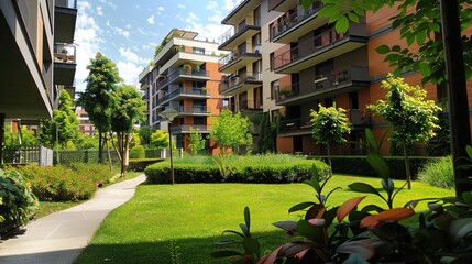 Naklejka premium Modern residential buildings in a green area of the city. European apartment houses. Milan, Italy in the summer. And trees and grass in the walking area.