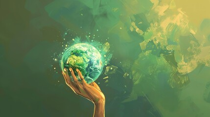 Woman hand holding earth, save planet, earth day, sustainable living, ecology environment, climate emergency action, world environment day concept, illustration for global warming content