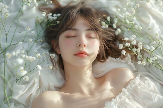 優しい日差しを浴び花に囲まれて目を閉じている美しい女性