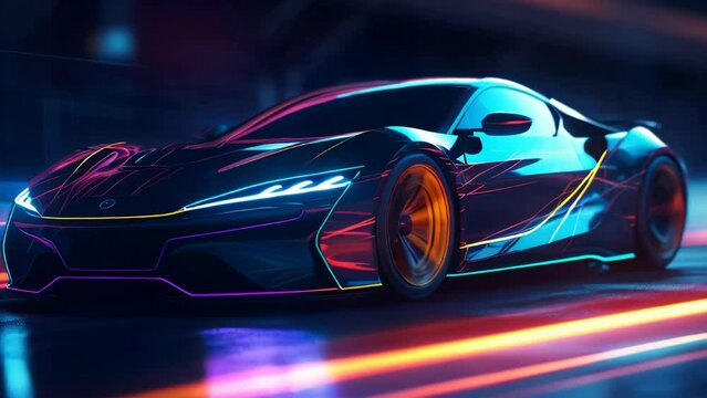 Modern beautiful fast race car sports car is driving fast on the night road with neon rays road
