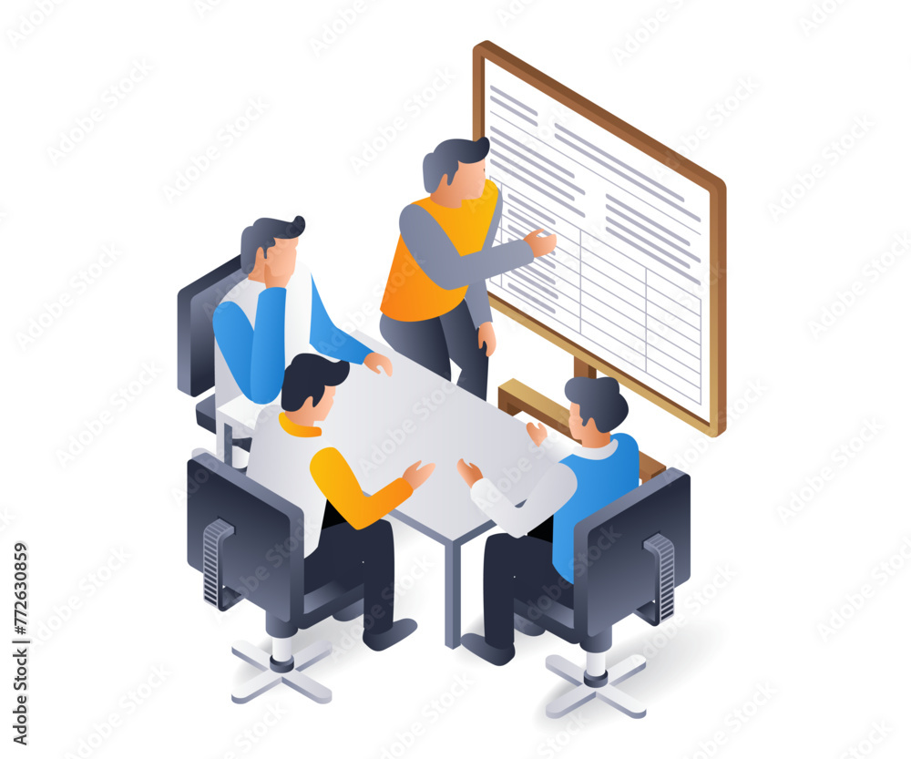 Aufkleber the team is having a meeting to solve company problems, flat isometric 3d illustration