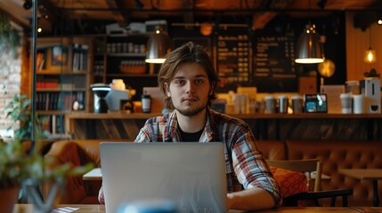 Young man working on laptop, boy freelancer or student with computer in cafe at table looking in camera. Model by AI generative