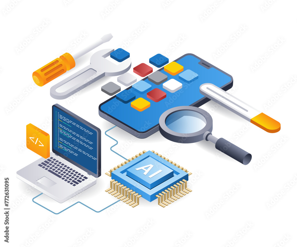 Poster Test process for developing a smartphone application with artificial intelligence, flat isometric 3D illustration
