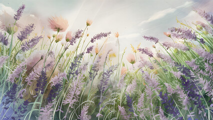 Obraz premium A stunning watercolor illustration featuring a serene landscape with wildflowers swaying gently in the soft breeze.