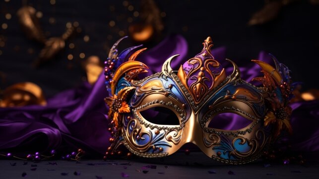 A gold and purple mask with gold and purple flowers on it