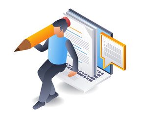 Writing articles for blogger content, flat isometric 3d illustration