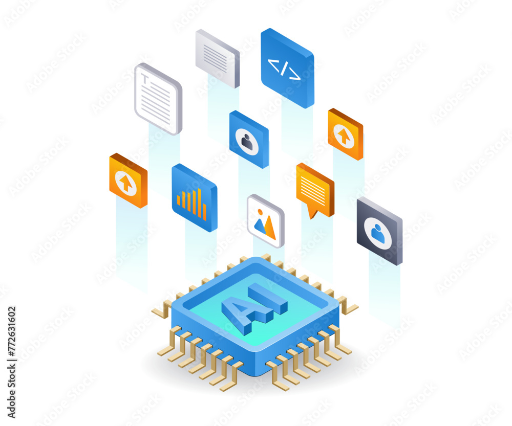 Poster with artificial intelligence create an application, flat isometric 3d illustration