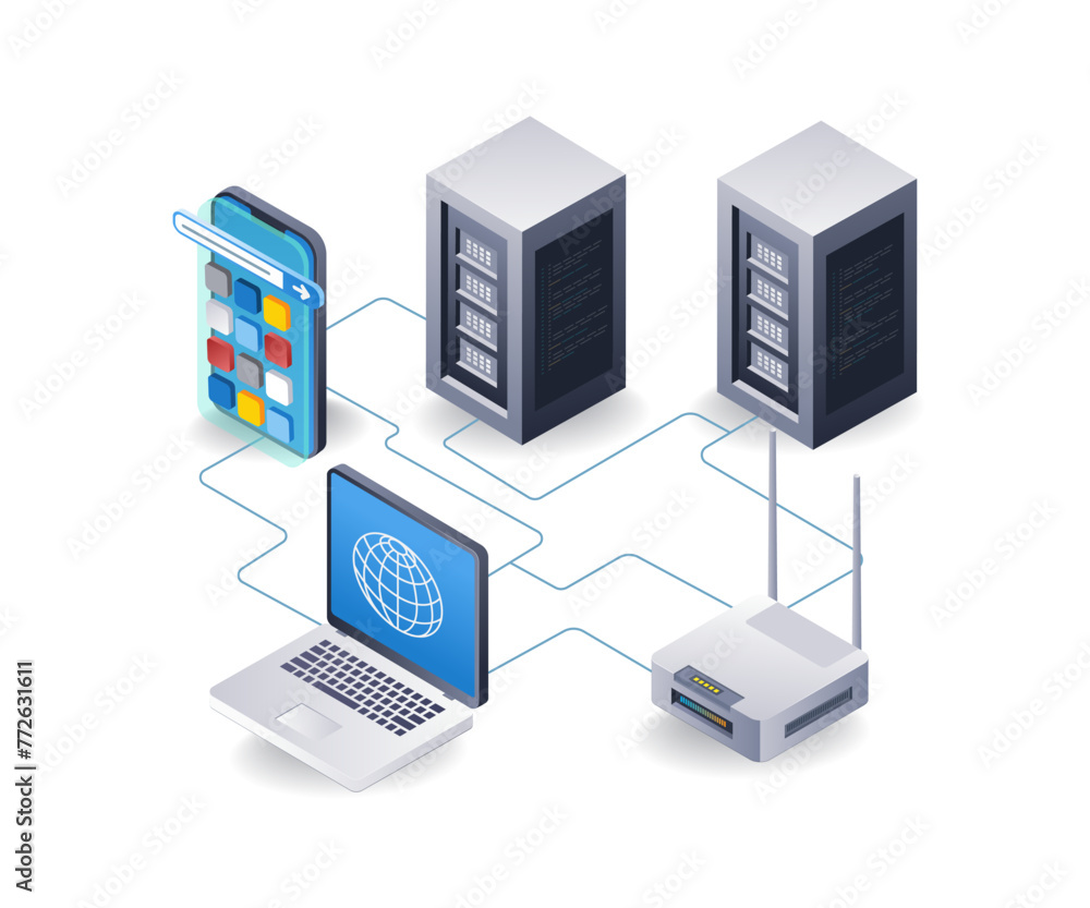 Poster Wifi network tethering router internet computer data server concept, flat isometric 3d illustration