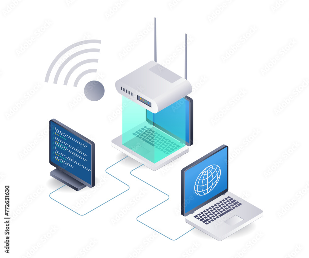 Leinwandbilder wifi network internet router usage computer concept, flat isometric 3d illustration