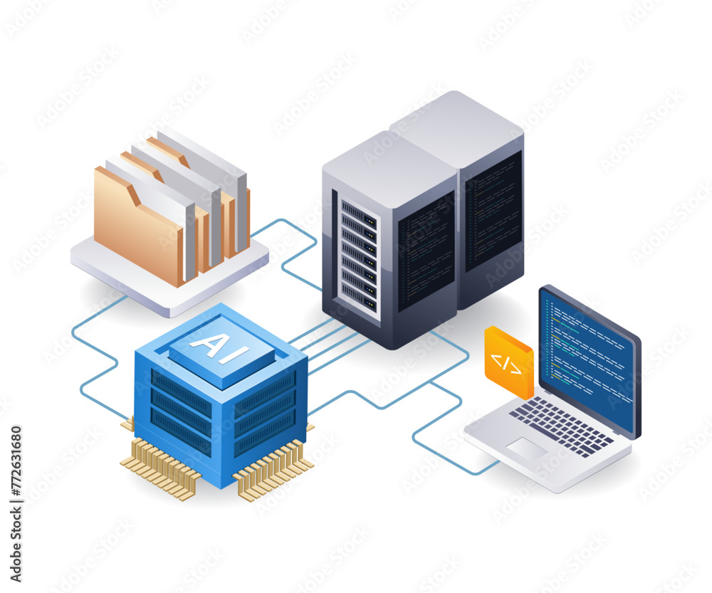 Poster Web data server artificial intelligence control, flat isometric 3d illustration