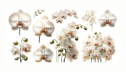Collection of White Phalaenopsis Orchids Illustration
, A serene collection of white Phalaenopsis orchids, each depicted with remarkable detail, celebrating the timeless beauty and purity of this eleg
