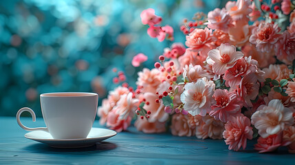 An aesthetically pleasing scene featuring a classic teacup among delicate floral arrangements - obrazy, fototapety, plakaty