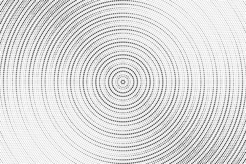 Radial halftone gradient background. Dotted concentric texture with fading effect. Black and white circle shade wallpaper. Grunge rough vector. Monochrome backdrop for various purpose.