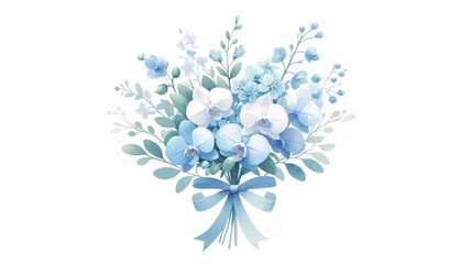 Blue Watercolor Orchid Bouquet with Ribbon
, Elegant watercolor illustration of a blue orchid bouquet, tied with a matching satin ribbon, symbolizing grace and sophistication.
