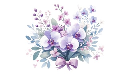 Fototapeta na wymiar Violet Orchid Bouquet with Satin Bow Illustration , A delicate illustration of a pink orchid bouquet tied with a satin bow, capturing the essence of a gentle and elegant floral gift. 