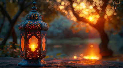 An elaborate Eid lantern casts a cozy glow in the evening. - obrazy, fototapety, plakaty