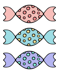 Candy set. Caramels in multi-colored wrappers with a pattern of round spots. 